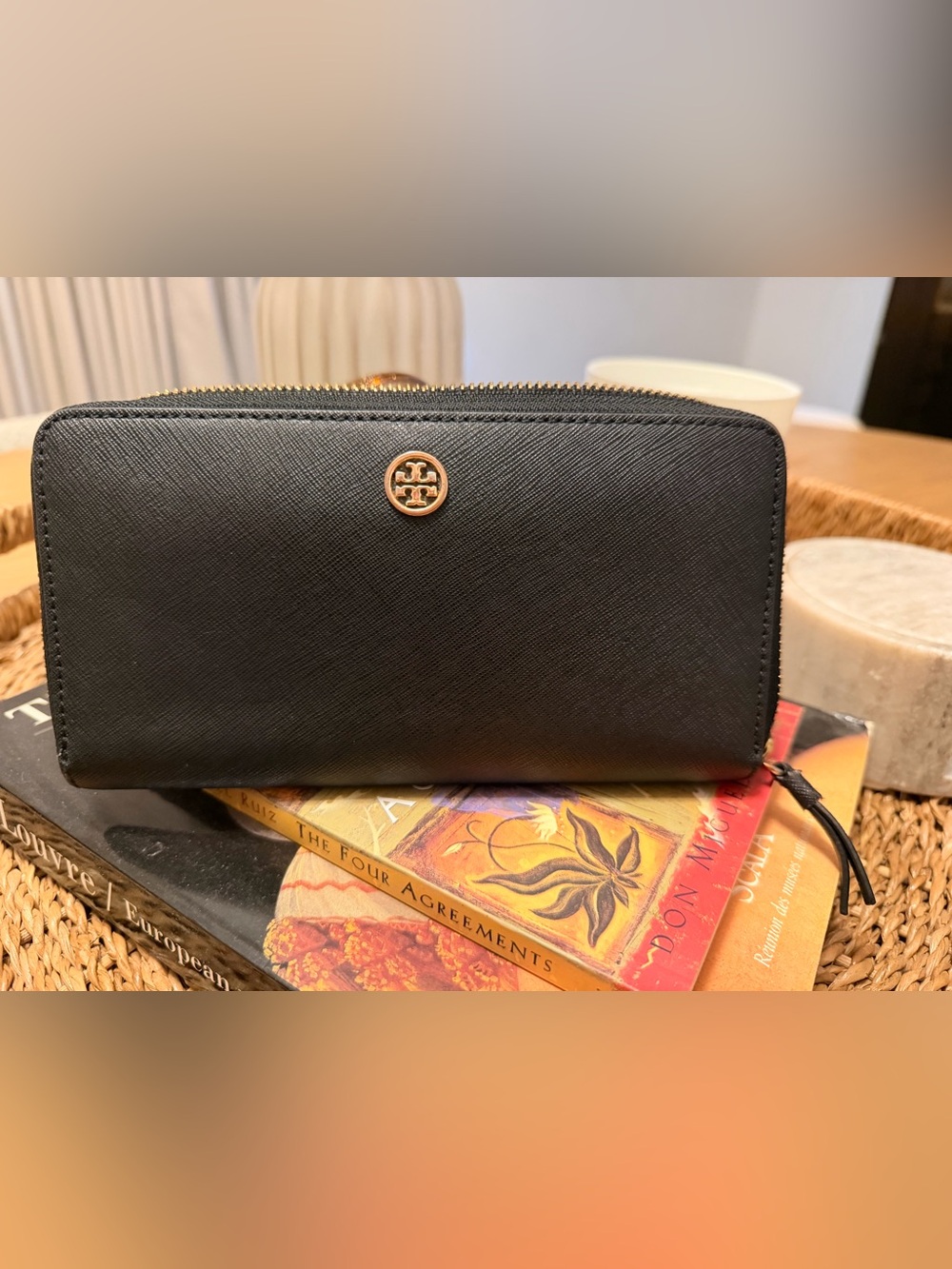 Tory Burch Black Saffiano Zip Wallet with Gold Logo
